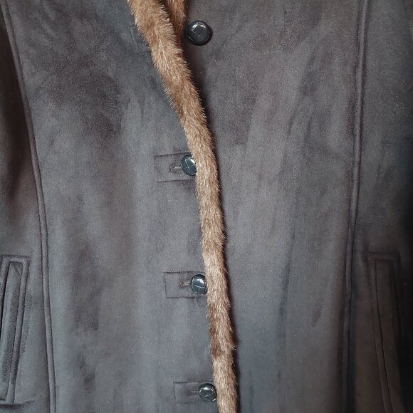 UTEX Black Ultrasuede Brown Faux Fur Trim Coat Women's Xlarge - Picture 3 of 12